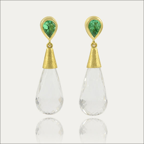 Smaragd emerald colombian emeralds Smaragde aus Kolumbien Ohrstecker earrings Gold Handmade Unikat Bergkristall Rock crystal  pendientes con esmeralda de colombia y cuarzo
